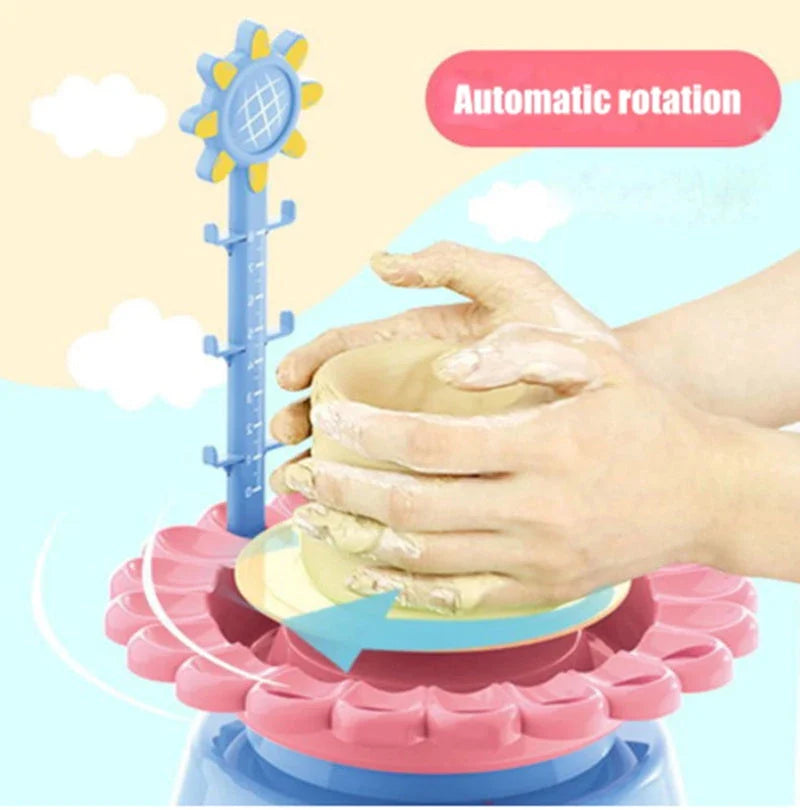 A blue electric pottery wheel kit with various clay and painting accessories for making unique pottery pieces