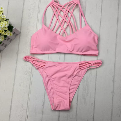 Pink bandage cut-out halter bikini swimsuit for women with stylish design