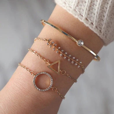Adjustable geometric bracelet set with crystal and leaf motifs