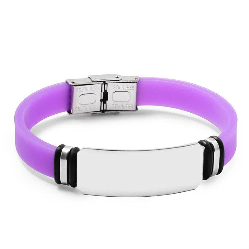 Custom engraved silicone bracelet with stainless steel accents in various colours