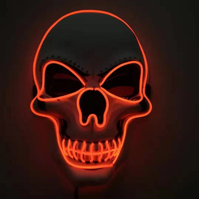 A glowing skull-shaped Halloween mask with adjustable straps and three lighting modes: constant, slow flash, and rapid pulse