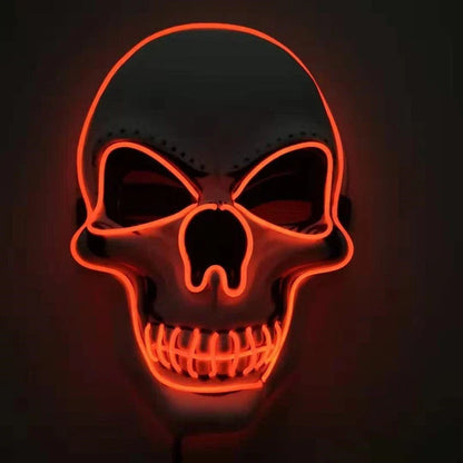 A glowing skull-shaped Halloween mask with adjustable straps and three lighting modes: constant, slow flash, and rapid pulse