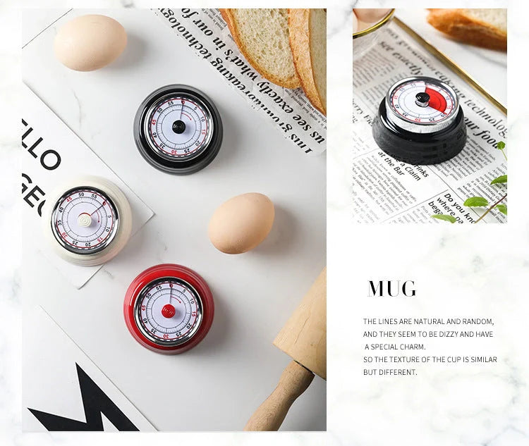 Stainless steel mechanical kitchen timer with magnetic back in black, red, or white