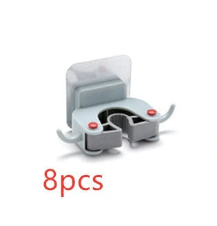 Adhesive wall-mounted mop and broom holder with double hooks for storing cleaning tools, available in multiple colors.