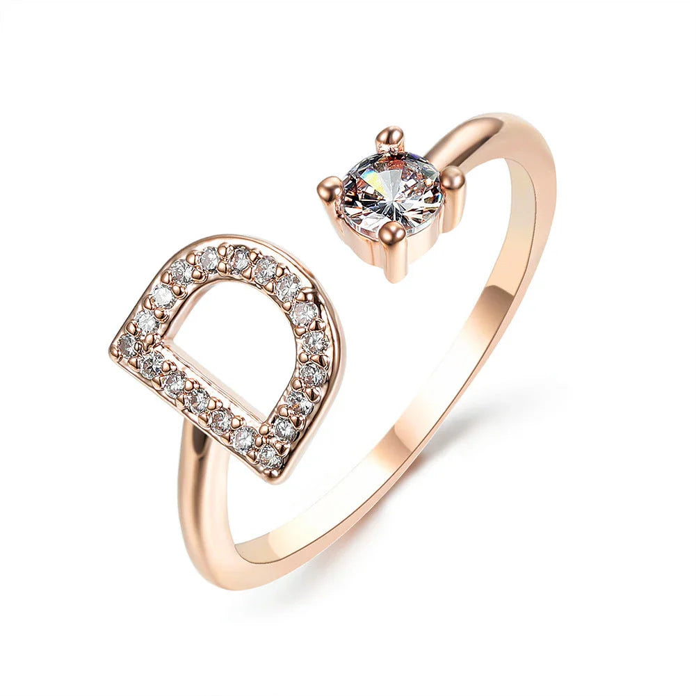 Customizable adjustable ring with 26 letters for women, featuring zircon stones and copper alloy construction