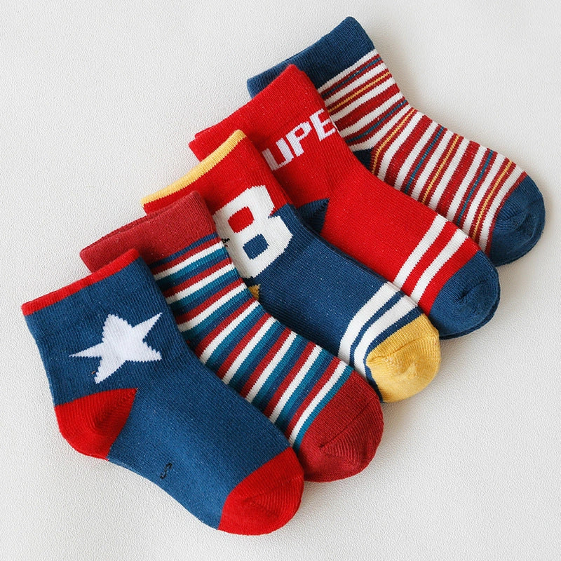 Kids' cartoon jacquard cotton socks in various fun designs for comfort and style