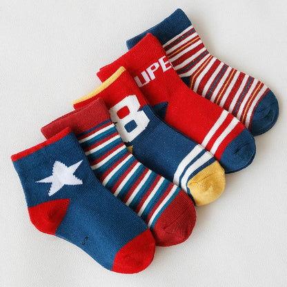 Kids' cartoon jacquard cotton socks in various fun designs for comfort and style