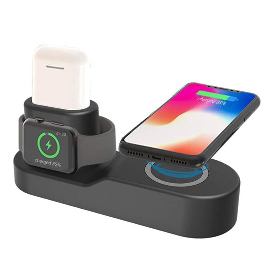 A modern, minimalist 3-in-1 wireless charging station for smartphones, smartwatches, and wireless earbuds