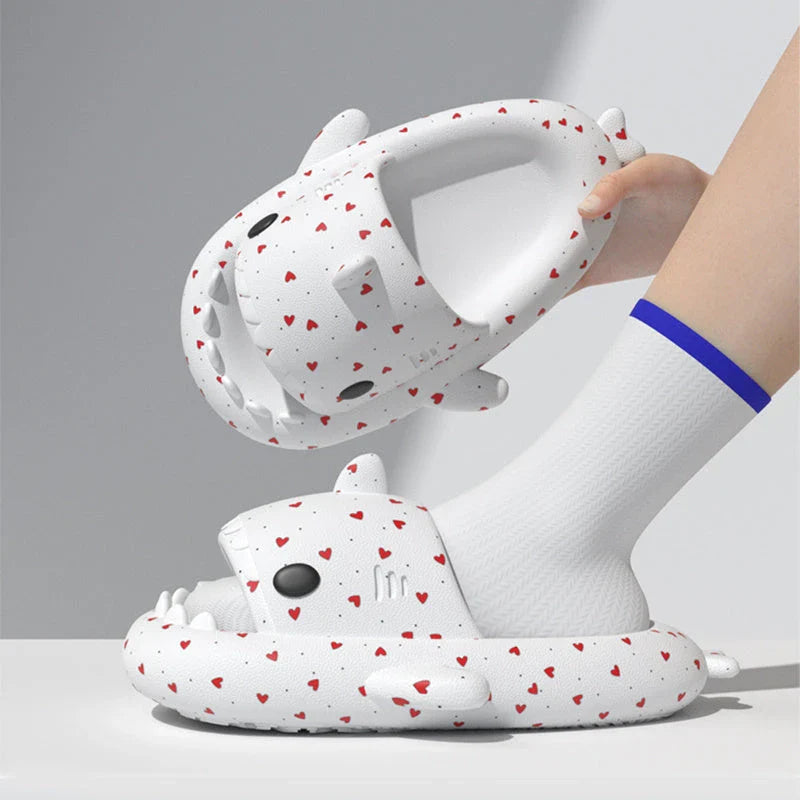 Cute shark-themed slippers with heart print design in various vibrant colors