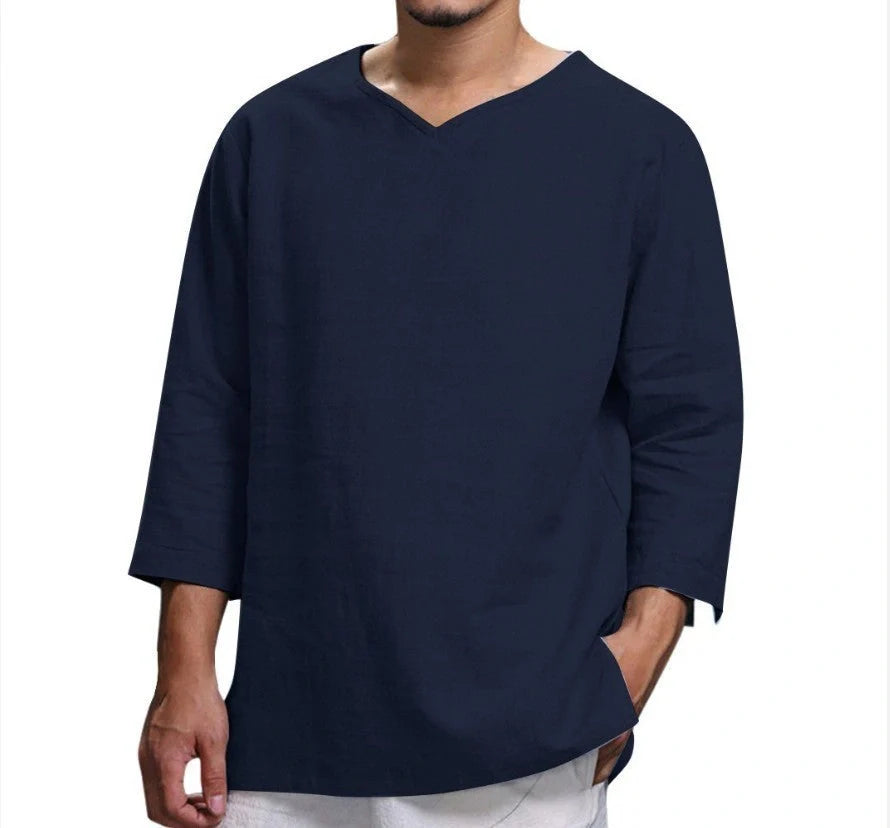 Versatile linen-blend men's v-neck pullover shirt in various colours and sizes