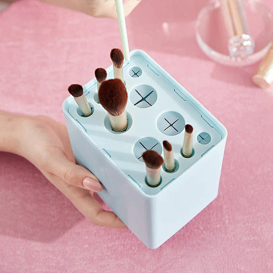 Premium makeup brush organiser with dual-purpose design for drying and storage, holding up to 12 brushes in a sleek and organised manner.