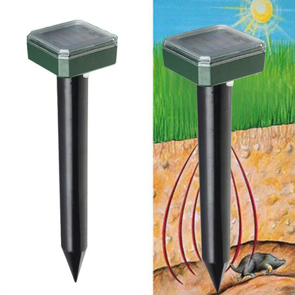 Solar-powered ultrasonic pest deterrent device for repelling moles, rats, snakes, and other burrowing pests from gardens and outdoor spaces