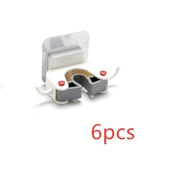 Adhesive wall-mounted mop and broom holder with double hooks for storing cleaning tools, available in multiple colors.