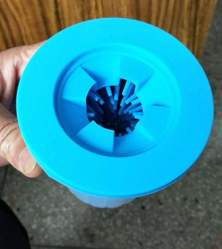 Silicone Dog Paw Washer Cup in various colors and sizes, featuring soft bristles for gentle cleaning.