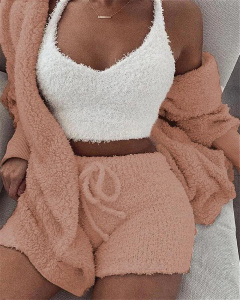 Cozy 3-piece velvet pajama set with long sleeve crop top and drawstring shorts in various colors