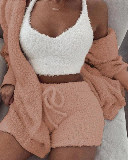 Cozy 3-piece velvet pajama set with long sleeve crop top and drawstring shorts in various colors
