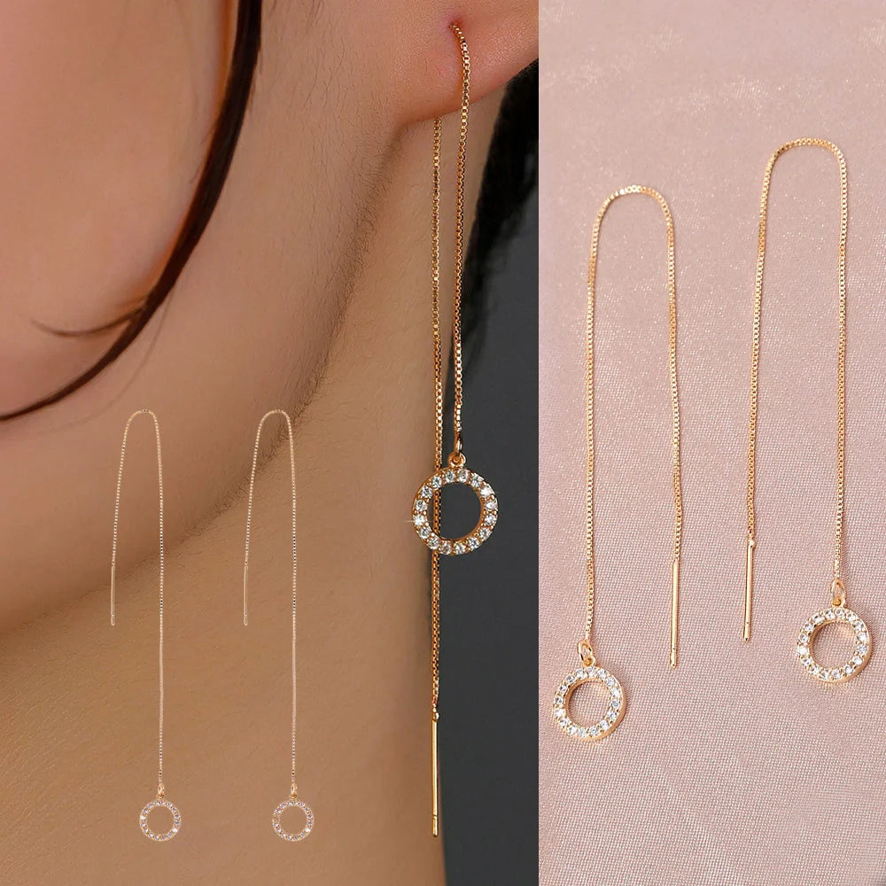 Gold Circle Long Tassel Ear Wire with sparkling zircon accents, perfect for any occasion