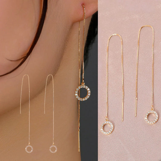 Gold Circle Long Tassel Ear Wire with sparkling zircon accents, perfect for any occasion