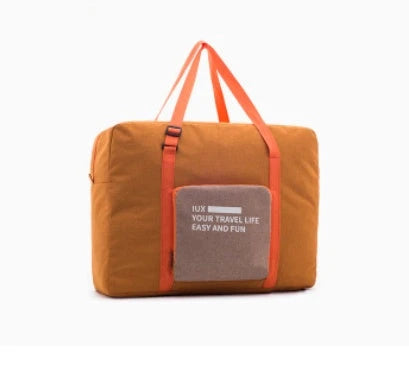 Foldable nylon travel holdall in various colours, including black, orange, green, and red