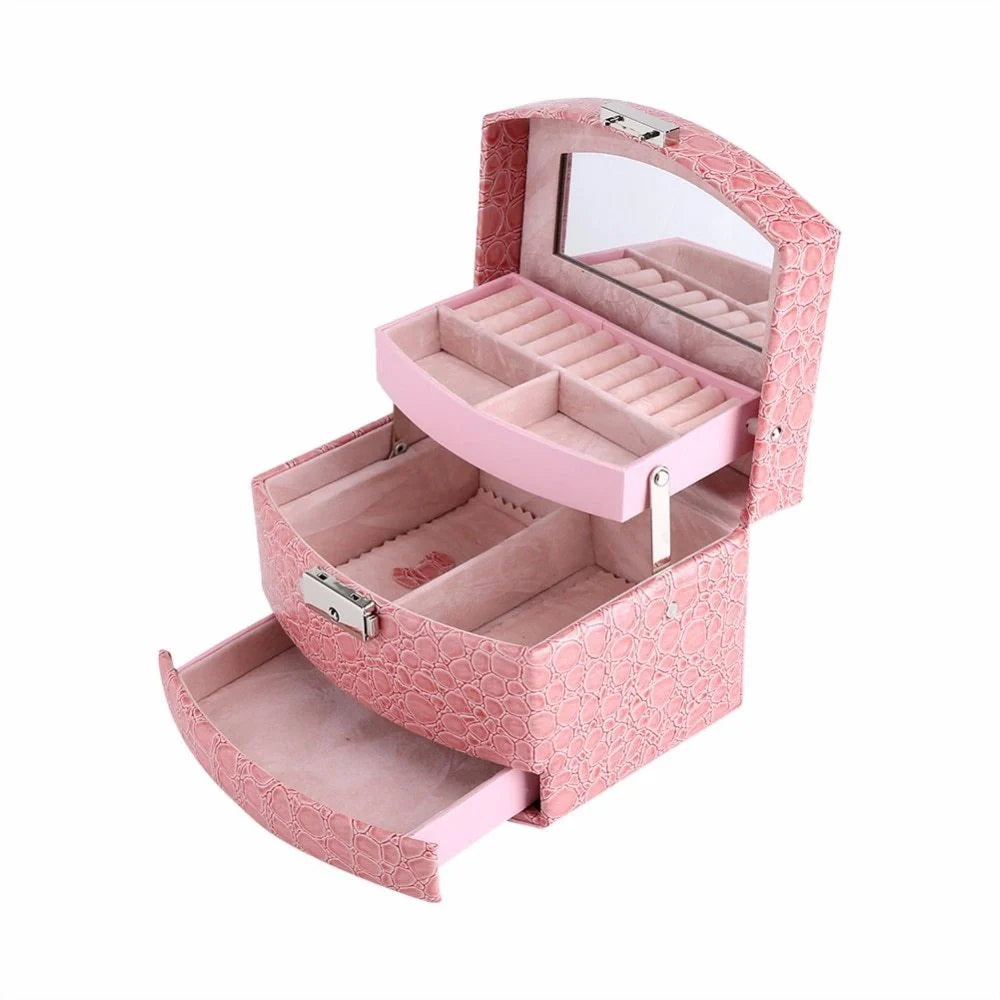 3-layer leather jewellery and makeup storage box with mirror in various colours