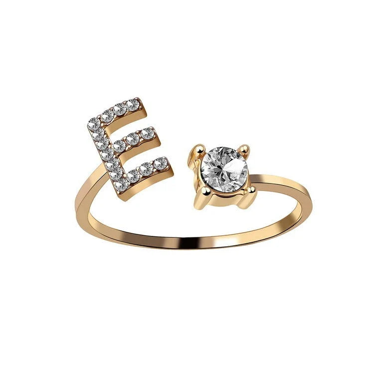 Customizable adjustable ring with 26 letters for women, featuring zircon stones and copper alloy construction