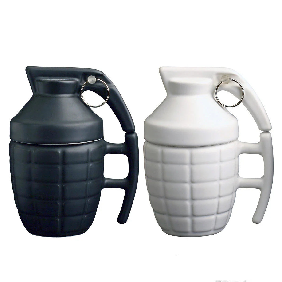 Grenade-shaped ceramic travel mug with secure lid, designed with a military-inspired style for use at home, work, or on the go