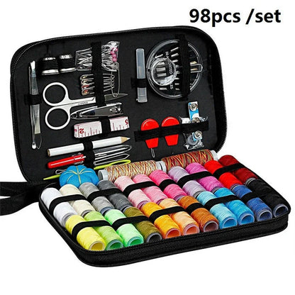 Compact home sewing kit with 98 accessories including needles, threads, scissors, and more