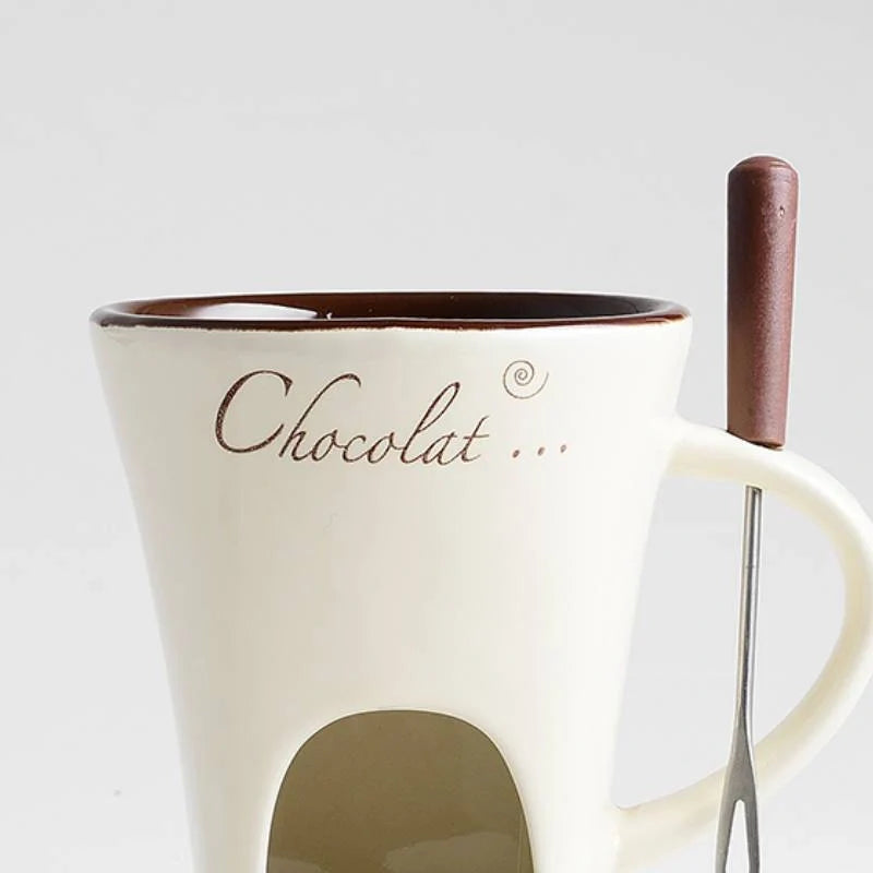 Ceramic fondue set with individual pots for making chocolate, cheese or ice cream fondues at home