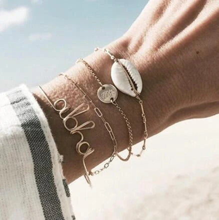 Bead Chain Bracelet Set featuring star and moon design in alloy material