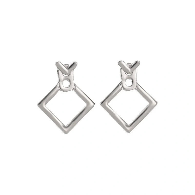 Hollow diamond square stud earrings in alloy with various finishes