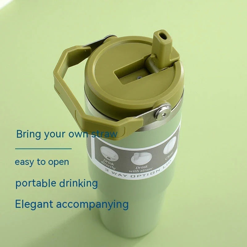 Stainless steel insulated tumbler with handle, available in multiple colors and sizes, designed to keep drinks hot or cold for hours.