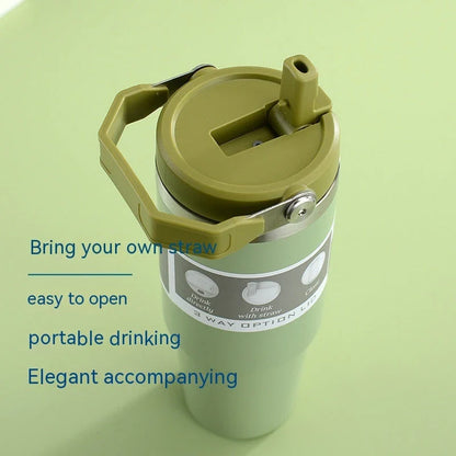 Stainless steel insulated tumbler with handle, available in multiple colors and sizes, designed to keep drinks hot or cold for hours.