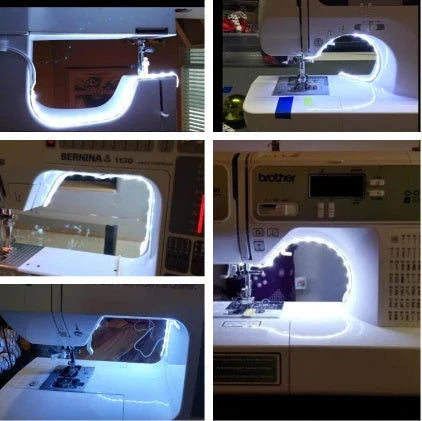 Adjustable LED light bar with touch-sensitive dimming controls for sewing machines, providing customizable lighting for sewing, quilting, and embroidery projects.