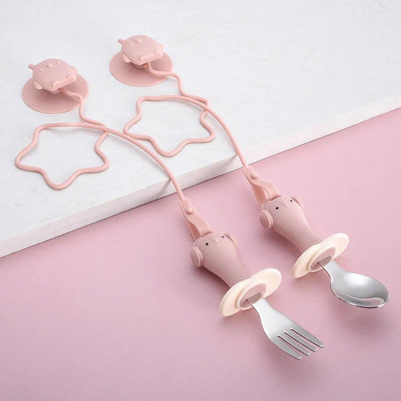 Stainless steel infant training spoon and fork set with silicone anti-drop chain and suction cup