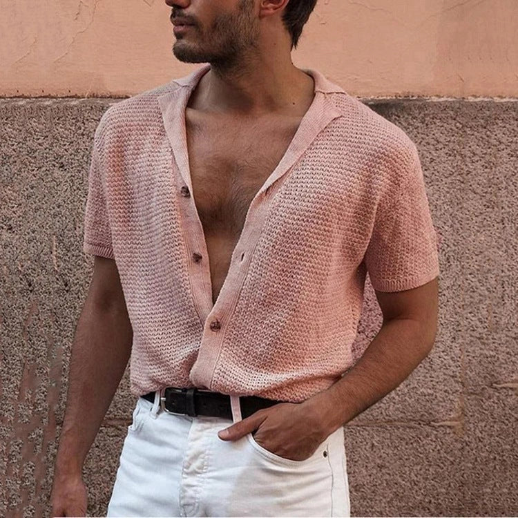 Men's slim-fit V-neck cotton polo shirt with jacquard detail in khaki and pink
