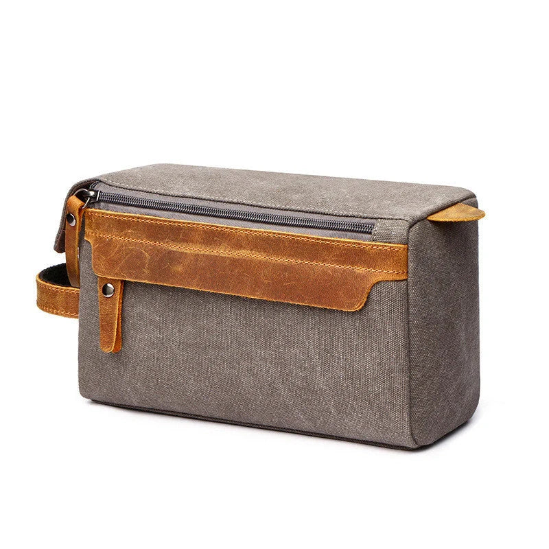 Premium canvas travel toiletry bag with multiple compartments and classic colours