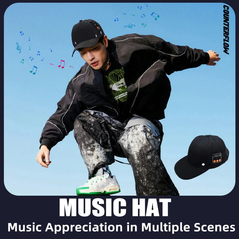 Bluetooth-compatible music hat in black and light grey with adjustable sizing