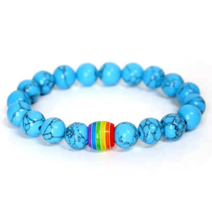Pride Rainbow Bead Bracelet featuring natural stones in vibrant colours, perfect for unisex wear.