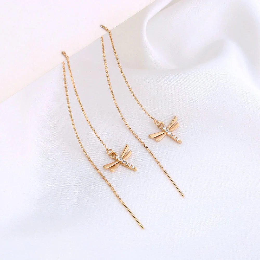 Gold Copper Dragonfly Earrings with Zircon Long Tassel - Elegant Fashion Jewelry