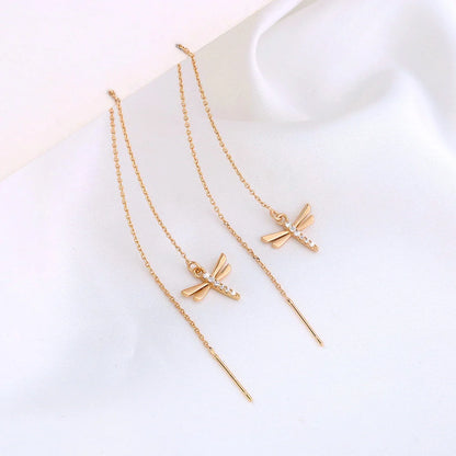 Gold Copper Dragonfly Earrings with Zircon Long Tassel - Elegant Fashion Jewelry