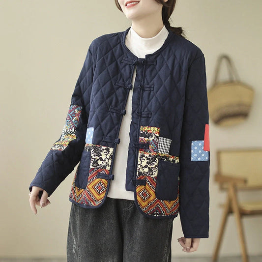 Vintage patch cardigan with rhombus pattern and buckle details in yellow and blue