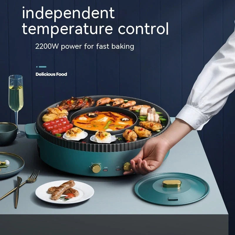 Green multifunctional roasting-shabu one-piece pot with 1400W power