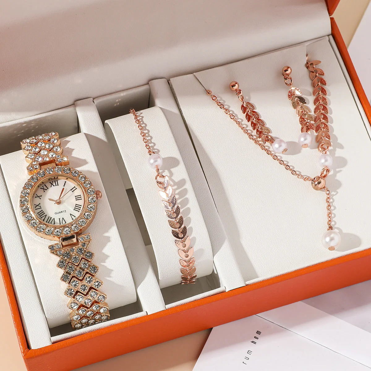 Diamond women's luxury quartz bracelet watch with rhinestone accents and complete jewellery set