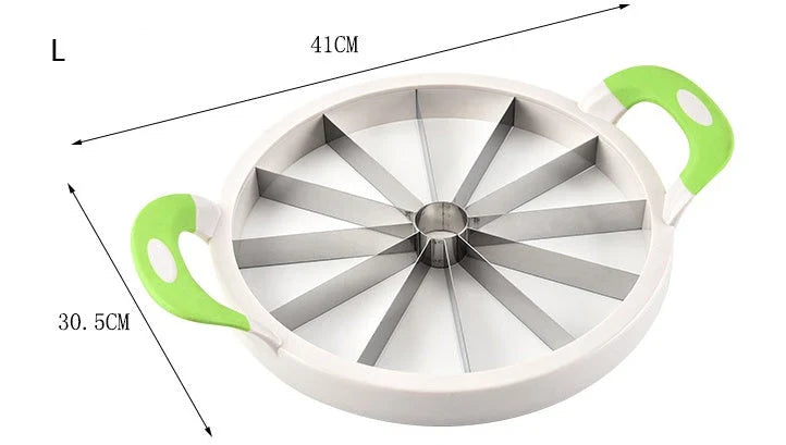 Premium stainless steel watermelon slicer with ergonomic non-slip handles for easy, precise fruit preparation
