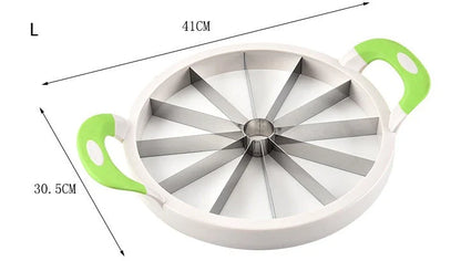 Premium stainless steel watermelon slicer with ergonomic non-slip handles for easy, precise fruit preparation