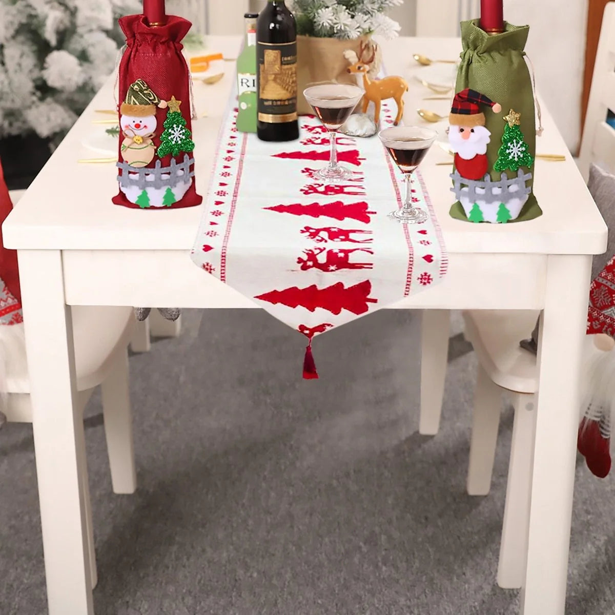 Christmas Elk Snowman Table Runner on a dining table, festive holiday decor