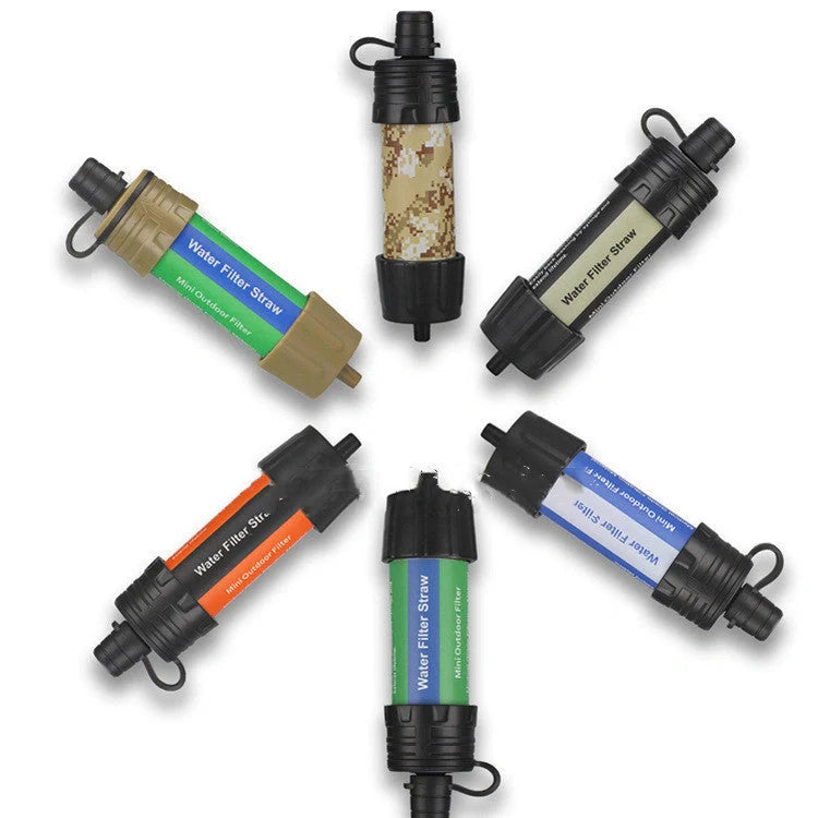 Mini portable water filter straw in grey, black, and army green with 5,000-litre purification capacity