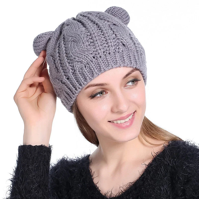 Cosy Cat Ear Knit Beanie in various colours for autumn winter warmth
