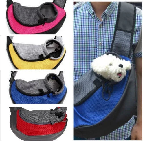 Premium soft pet sling carrier with padded mesh fabric and adjustable leather strap for hands-free convenience and pet comfort