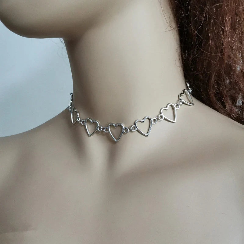 Hollow Korean Sweet Love Heart Choker in silver and gold with adjustable chain